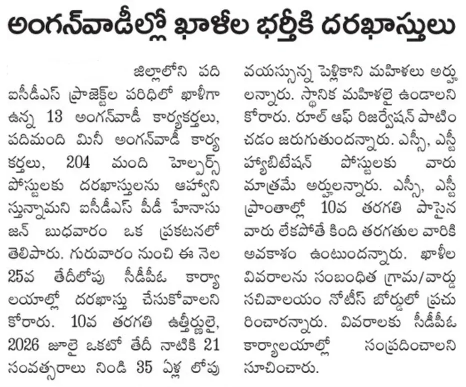 Ap Anganwadi Helper Jobs